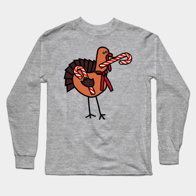 Thanksgiving Turkey Holding Christmas Candy Cane Long Sleeve T-Shirt by ellenhenryart